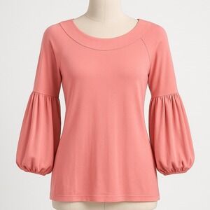 Vtg Pima Cotton Coral Pink Balloon Sleeve Ribbed Knit Tunic Top Coquette Dainty